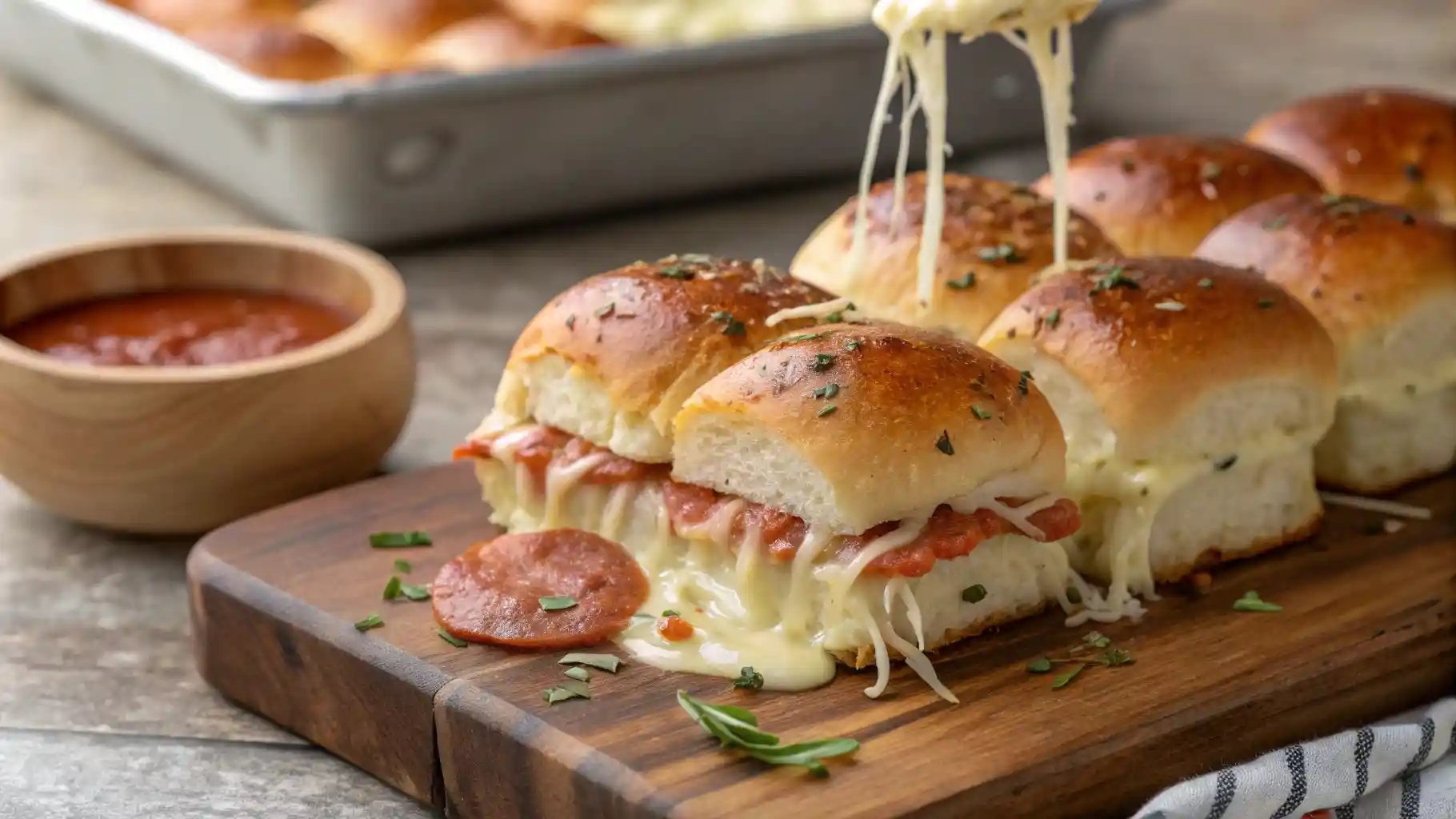 Freshly baked pizza sliders on Hawaiian rolls with melted cheese stretching and garlic butter glaze.
