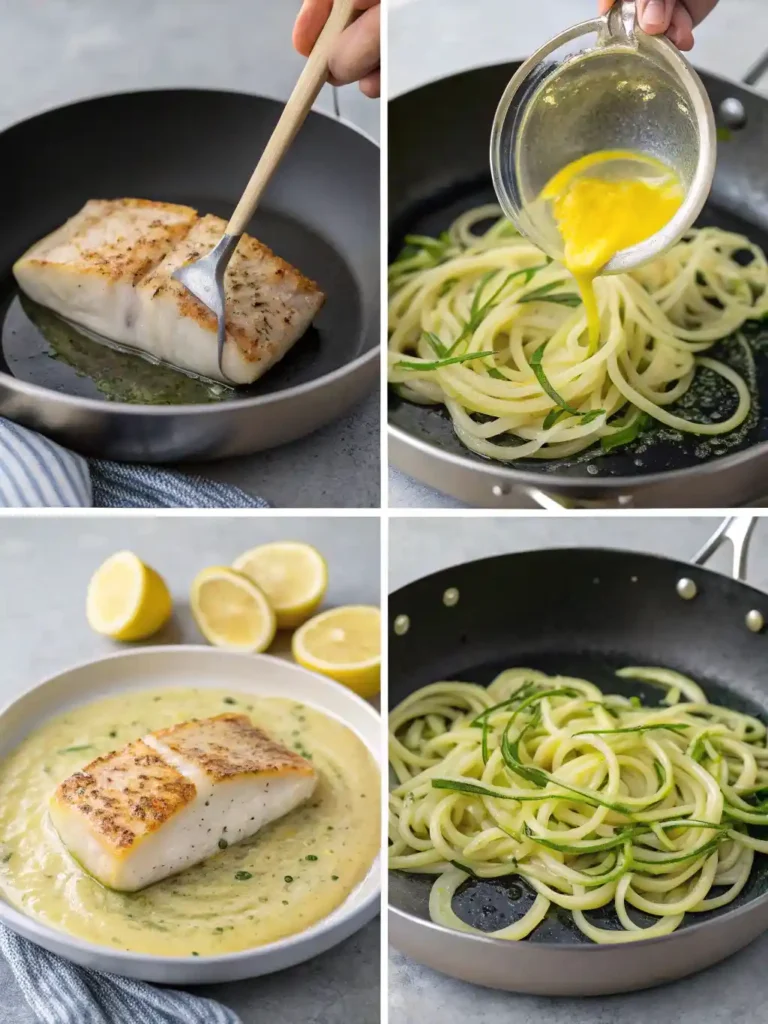 Four steps showing sear sauce zoodles and plating
