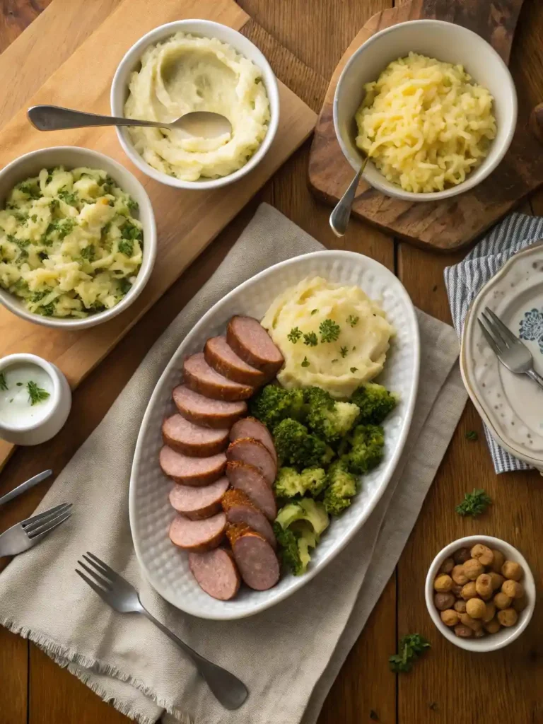 Kielbasa platter with assorted sides including potatoes, sauerkraut, and vegetables.
