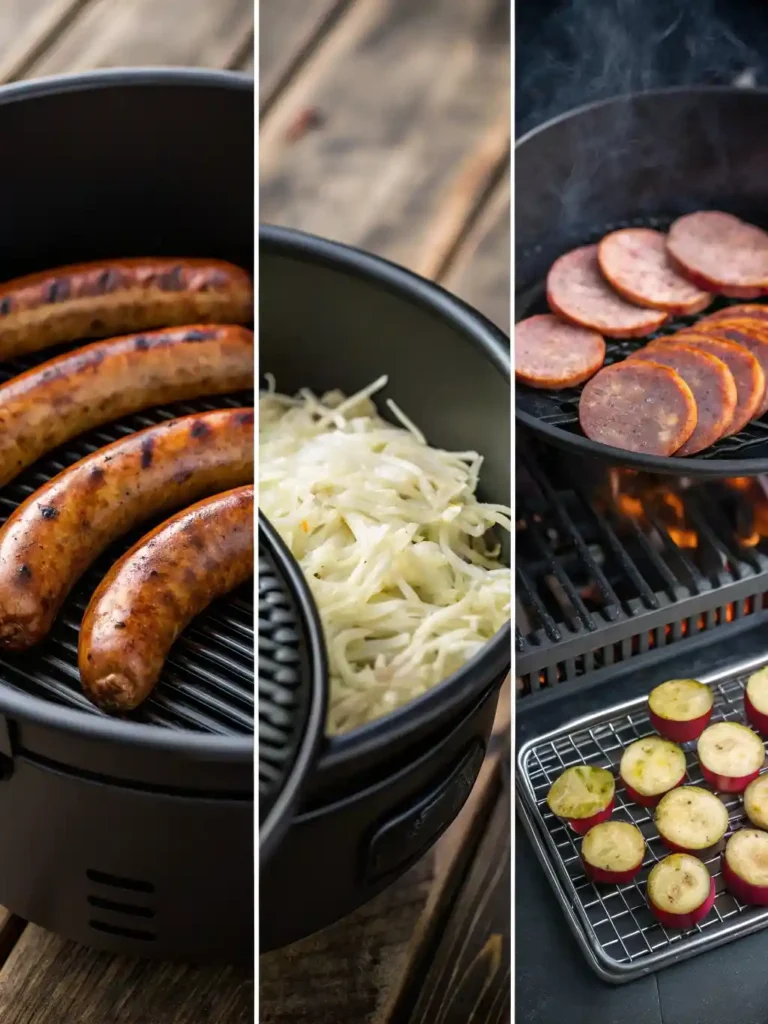 Three scenes of kielbasa cooking on grill, in slow cooker, and in air fryer.