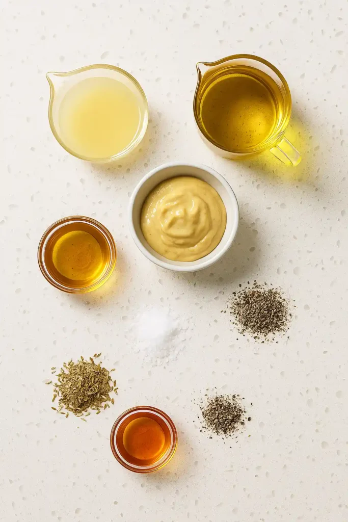 Overhead view of bowls holding lemon vinaigrette ingredients with labels.