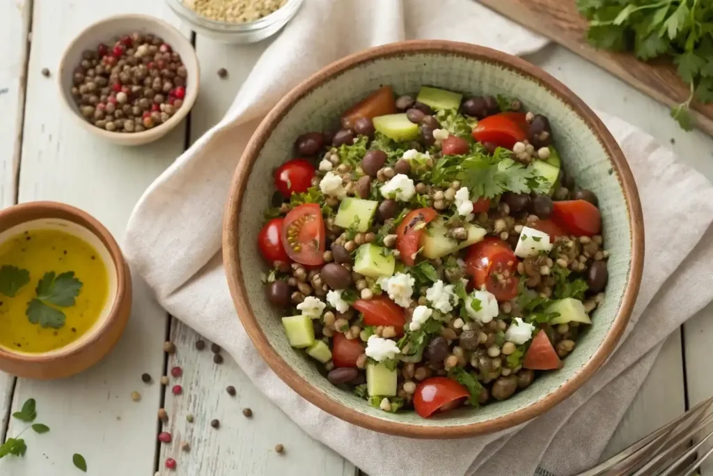 A rustic ceramic bowl filled with Mediterranean Lentil Salad—green lentils, cucumber, red bell pepper, cherry tomatoes, Kalamata olives, and crumbled feta, garnished with parsley.
