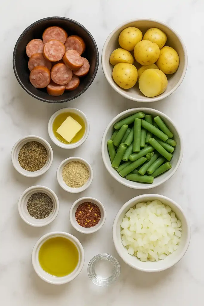Organized flat lay of casserole ingredients with labels.
