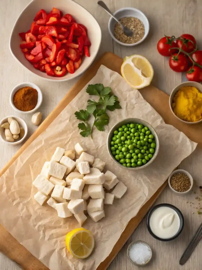 Flat-lay of all Jalbiteworldfood ingredients neatly arranged on parchment