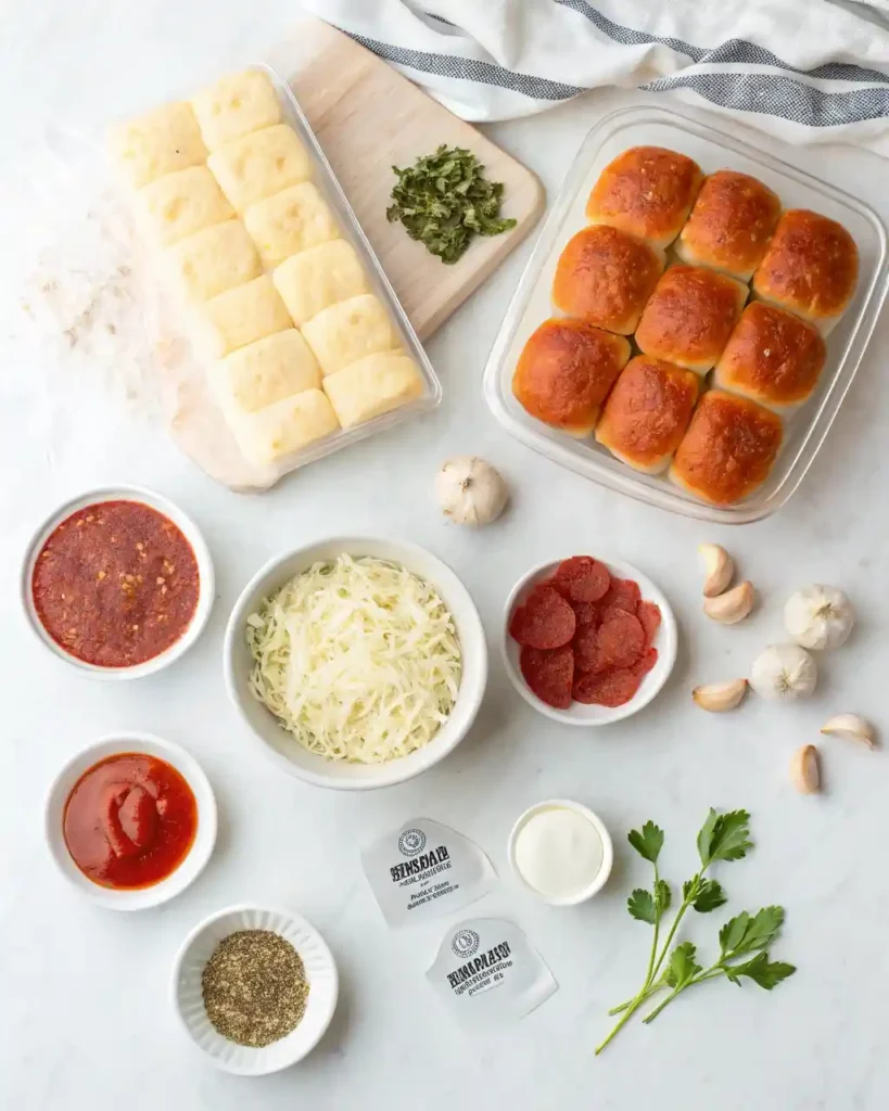 Neatly arranged ingredients for pizza sliders on a marble surface.

