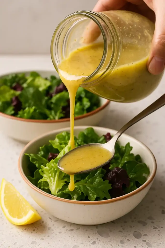 Hand pouring lemon vinaigrette from a jar onto a spoon above a fresh green salad.