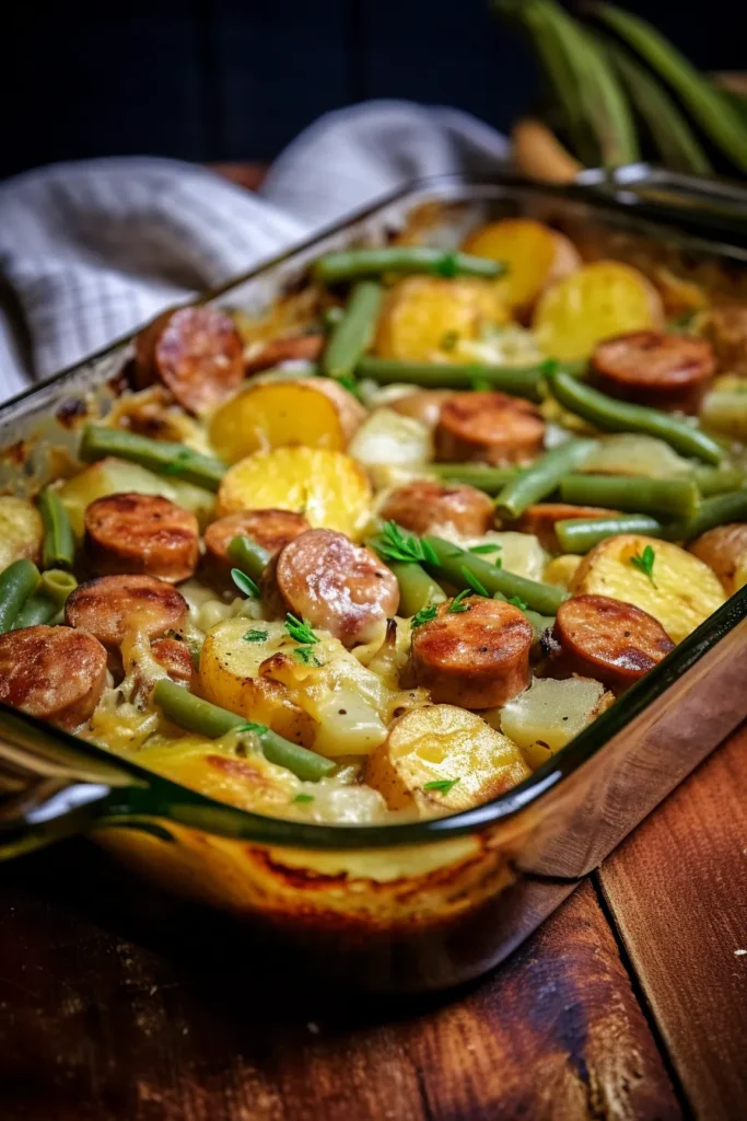Plated casserole with sides and labeled storage containers.