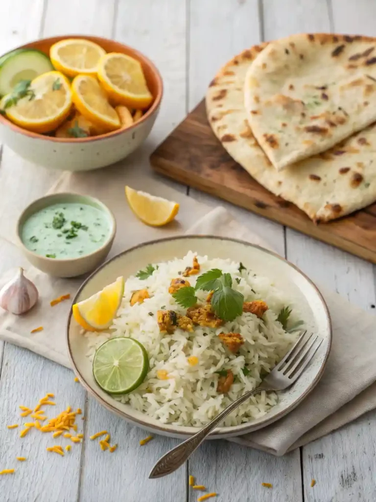 Plated Jalbiteworldfood with rice, naan, and raita