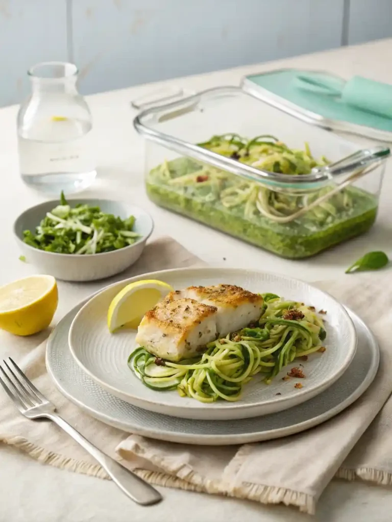 Plated cod dinner with leftovers packed in glass box