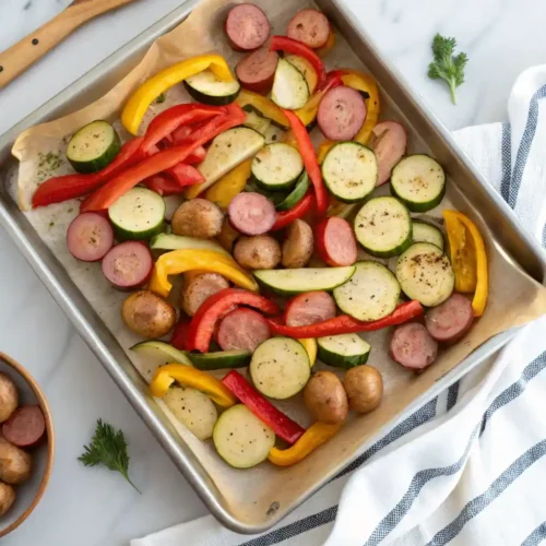 Roasted kielbasa and mixed vegetables on a parchment-lined sheet pan.