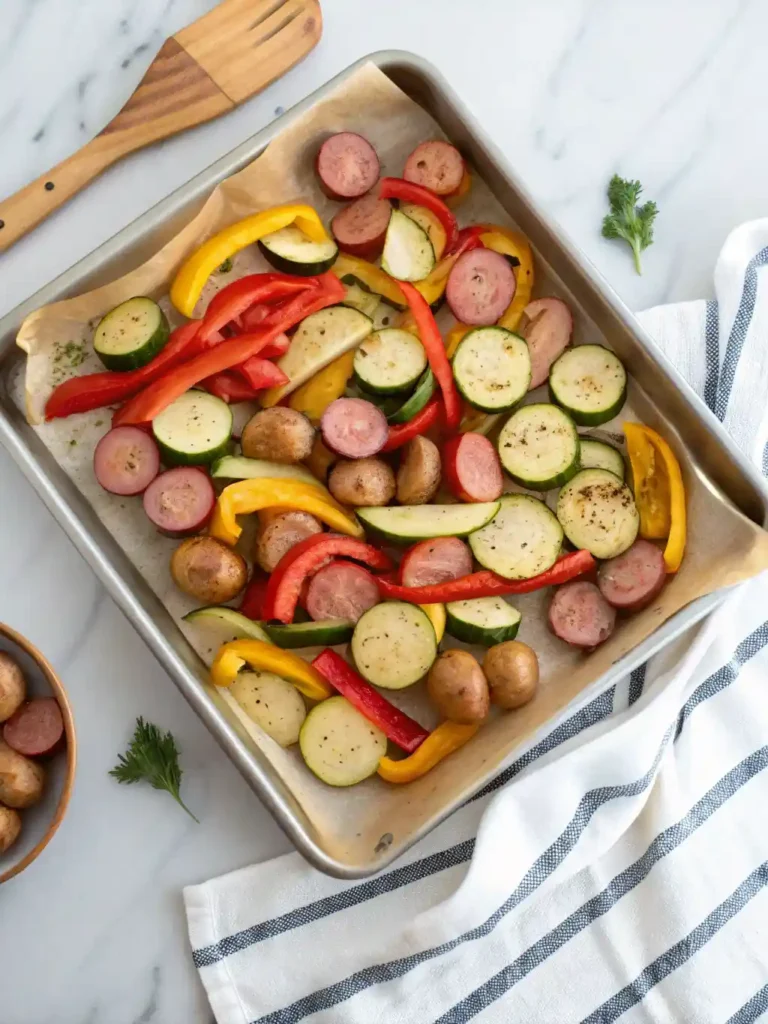 Roasted kielbasa and mixed vegetables on a parchment-lined sheet pan.