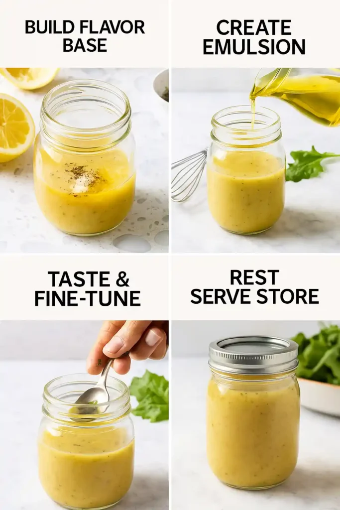 Four-step photo collage showing mixing, emulsifying, tasting, and storing lemon vinaigrette.