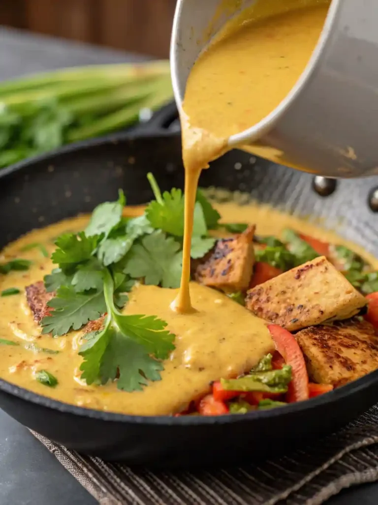Pouring creamy turmeric sauce over cooked chicken and vegetables