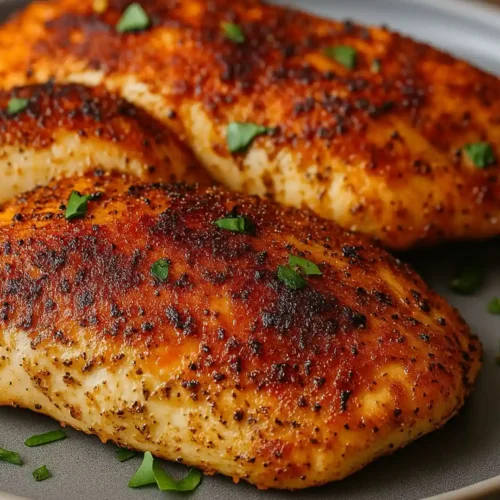 Juicy air fryer chicken breasts with vegetables on a white plate