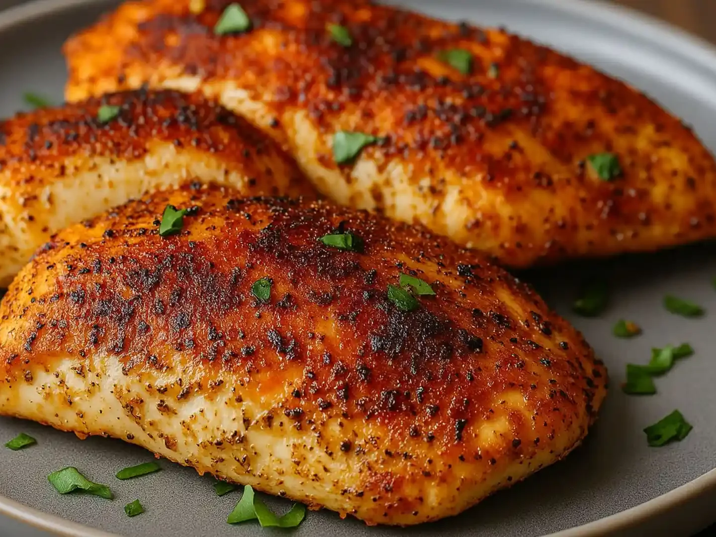 Juicy air fryer chicken breasts with vegetables on a white plate