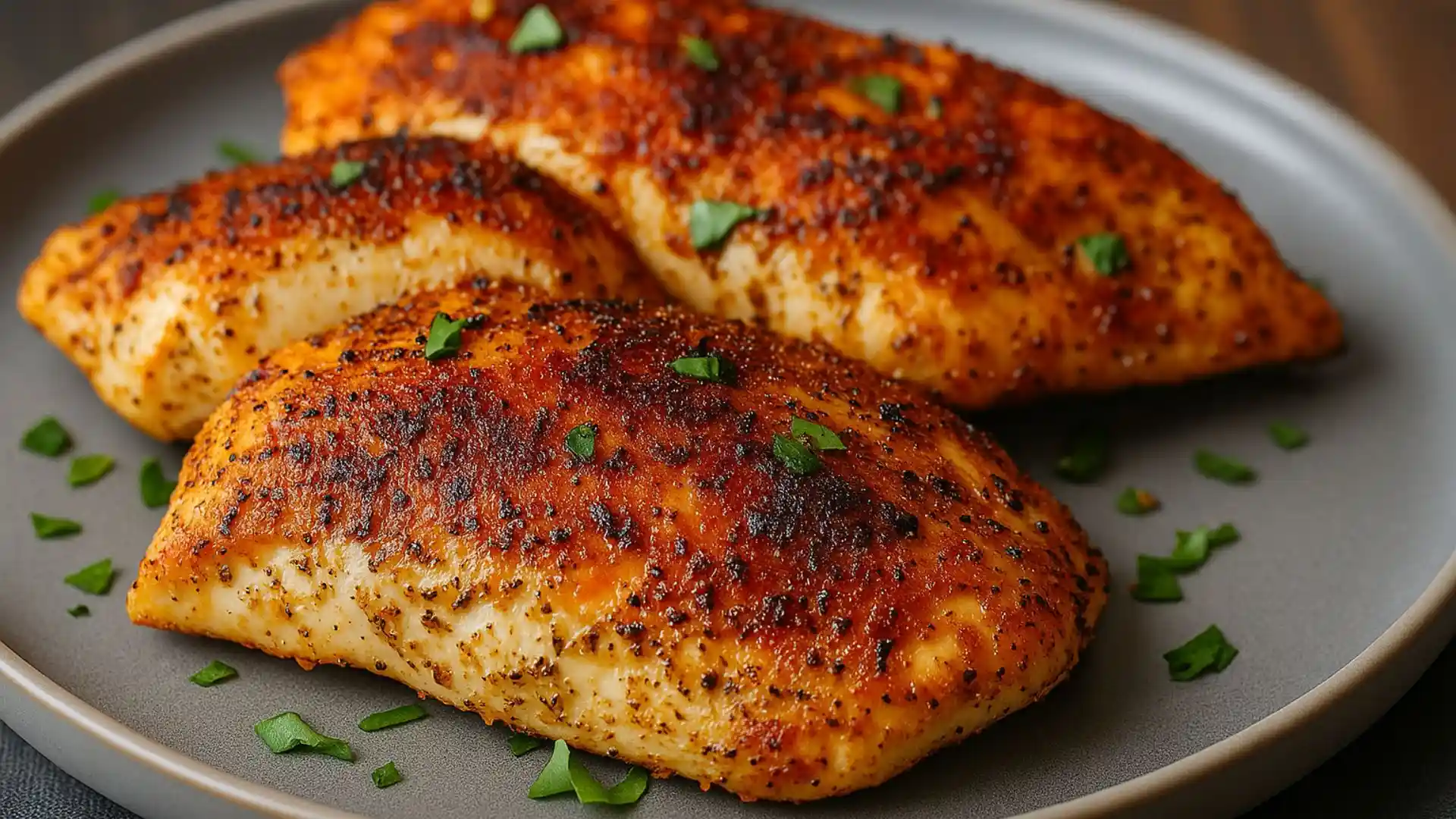 Juicy air fryer chicken breasts with vegetables on a white plate