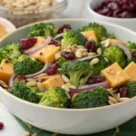 Top-down view of broccoli salad with cheddar, cranberries, and sunflower seeds in a white bowl