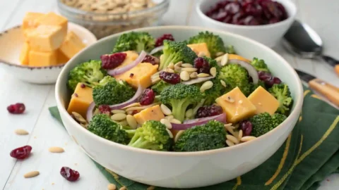 Top-down view of broccoli salad with cheddar, cranberries, and sunflower seeds in a white bowl
