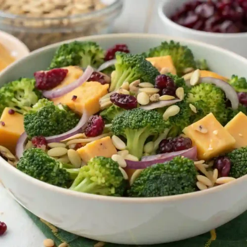 Top-down view of broccoli salad with cheddar, cranberries, and sunflower seeds in a white bowl