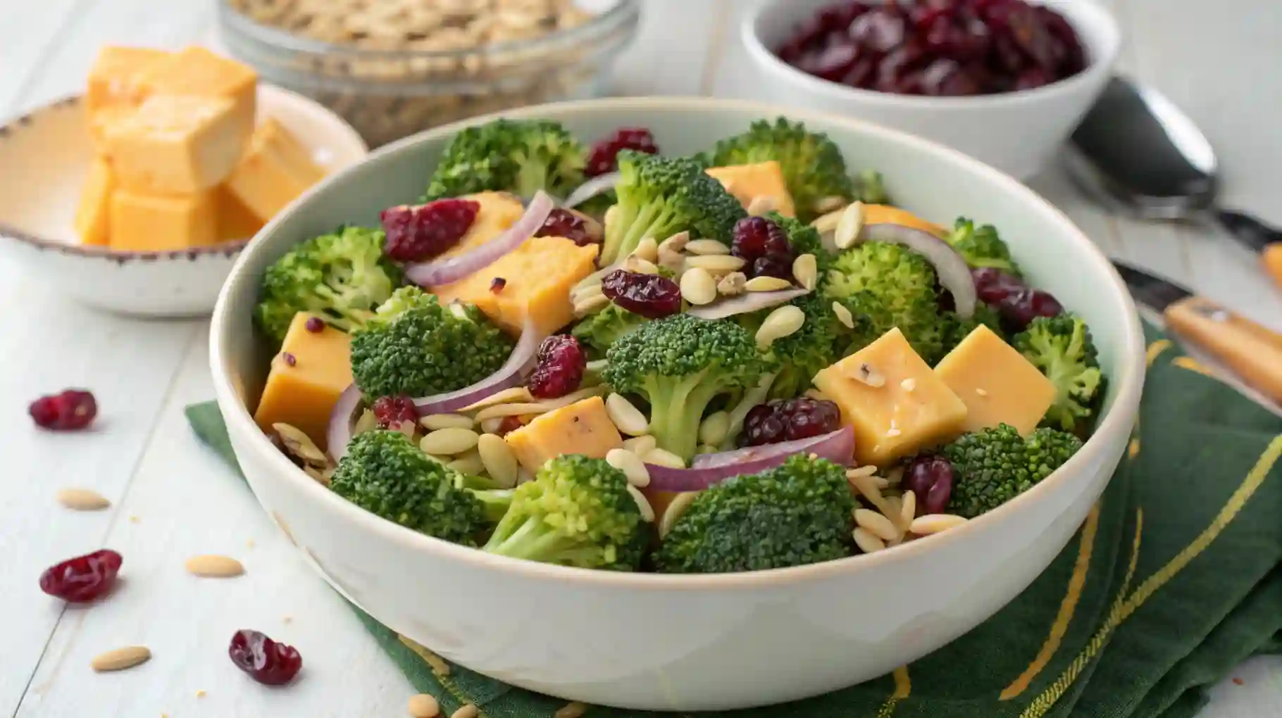 Top-down view of broccoli salad with cheddar, cranberries, and sunflower seeds in a white bowl