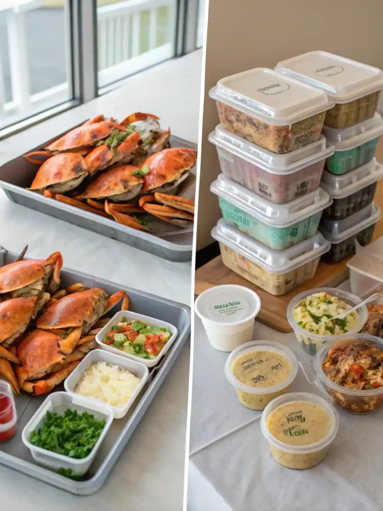 Fresh platter of crab legs beside stored leftovers in a container.