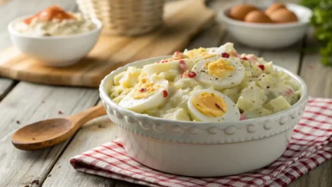 Creamy Southern potato salad in a white bowl with sliced eggs and paprika on top, placed on a wooden picnic table.
