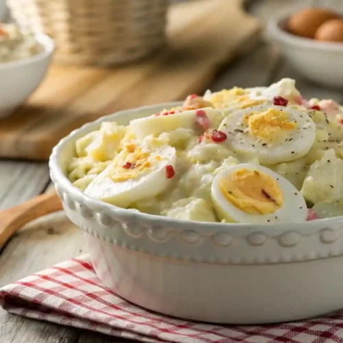 Creamy Southern potato salad in a white bowl with sliced eggs and paprika on top, placed on a wooden picnic table.