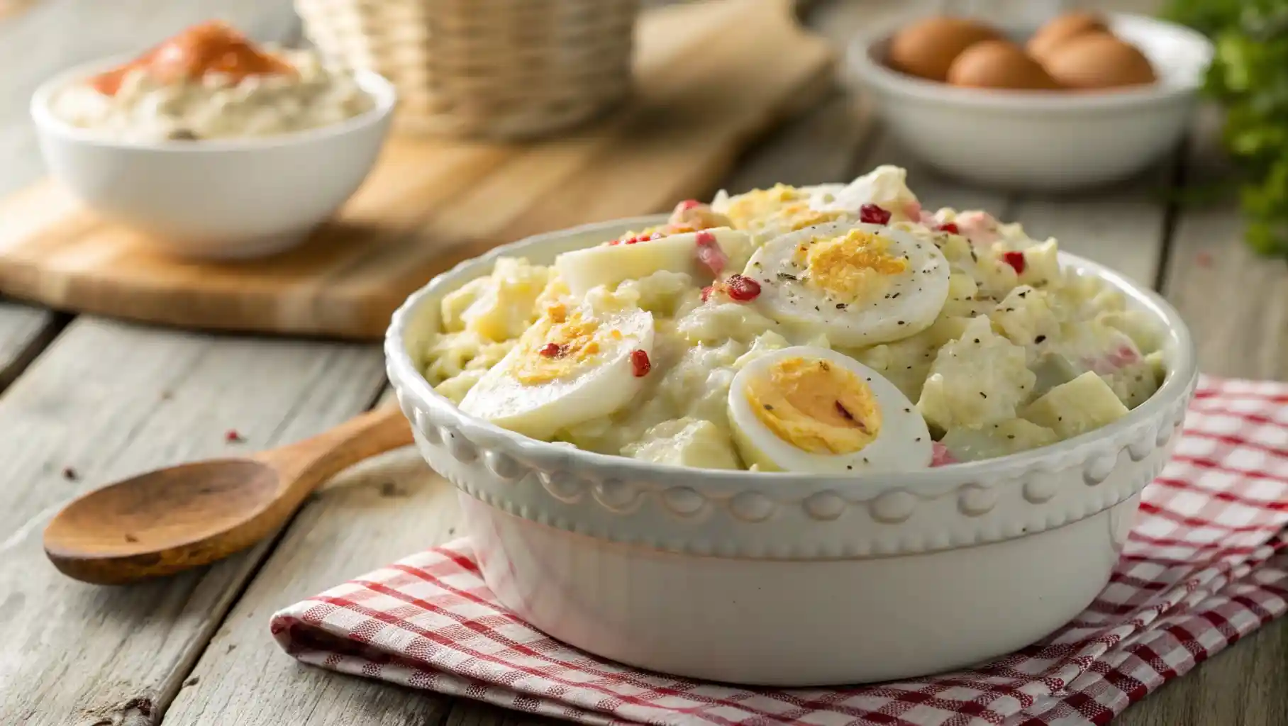 Creamy Southern potato salad in a white bowl with sliced eggs and paprika on top, placed on a wooden picnic table.