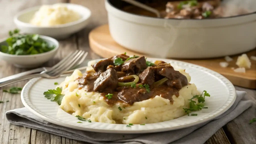 Plate of no peek beef tips with mushroom gravy over mashed potatoes