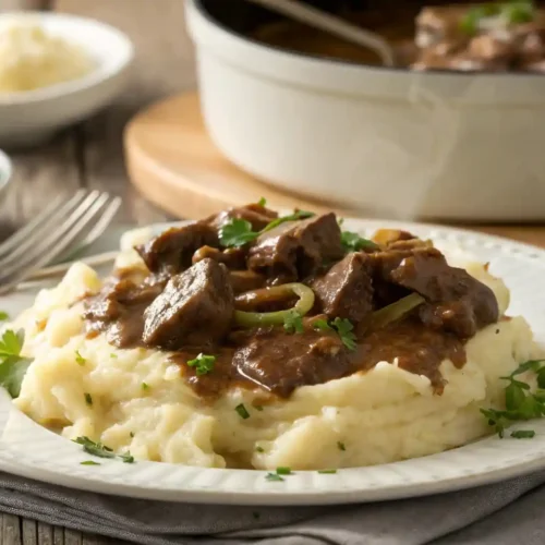 Plate of no peek beef tips with mushroom gravy over mashed potatoes
