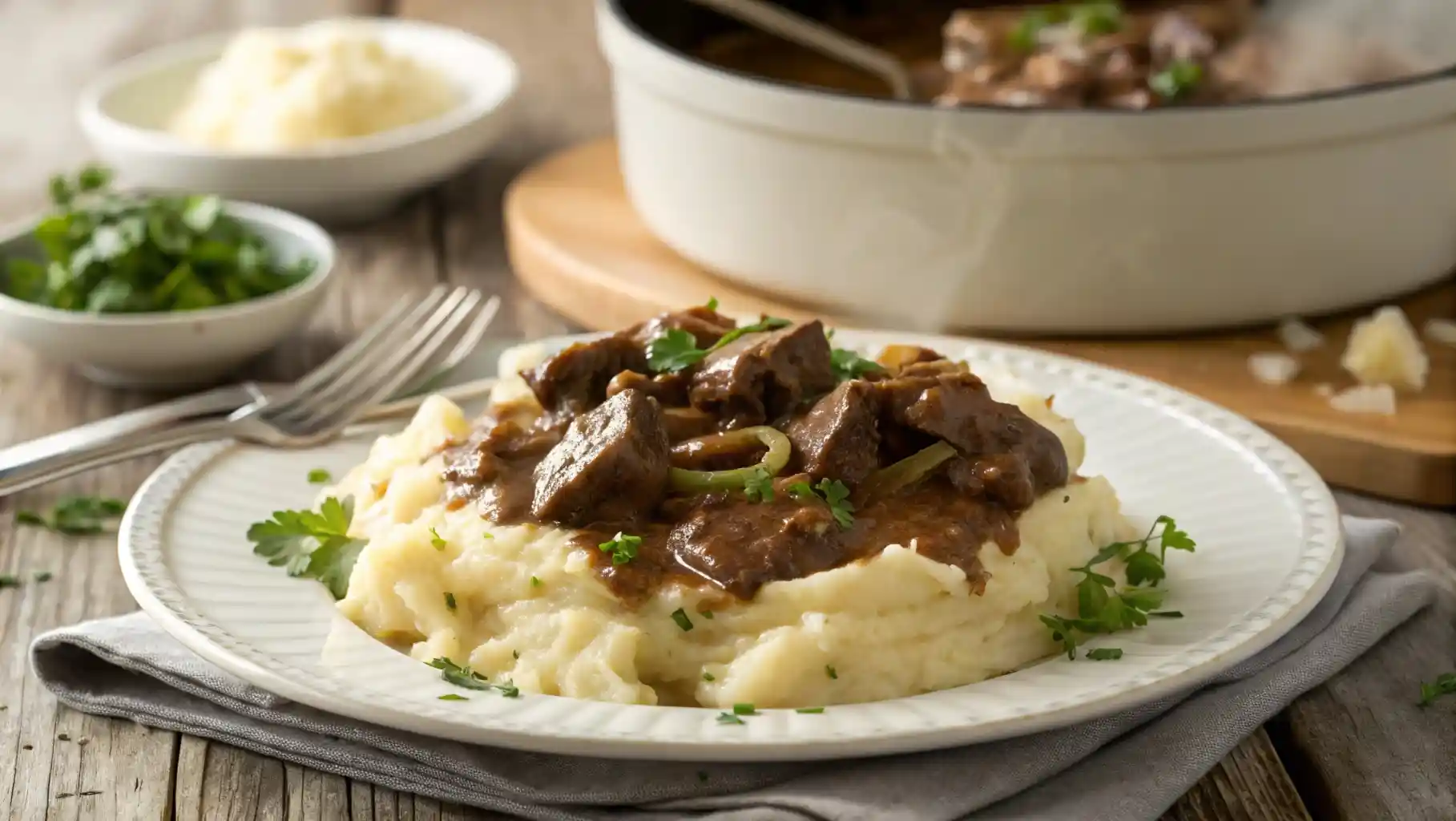 Plate of no peek beef tips with mushroom gravy over mashed potatoes