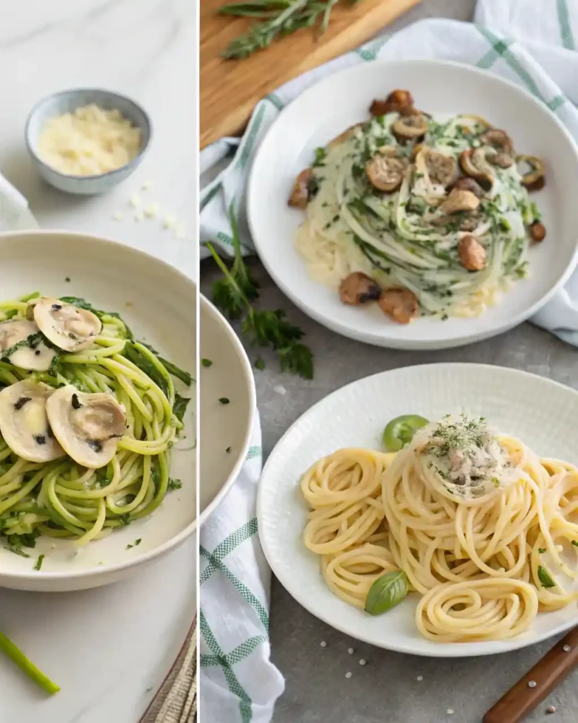 Three plated variations of Monterey Chicken Spaghetti including low-carb and spicy options