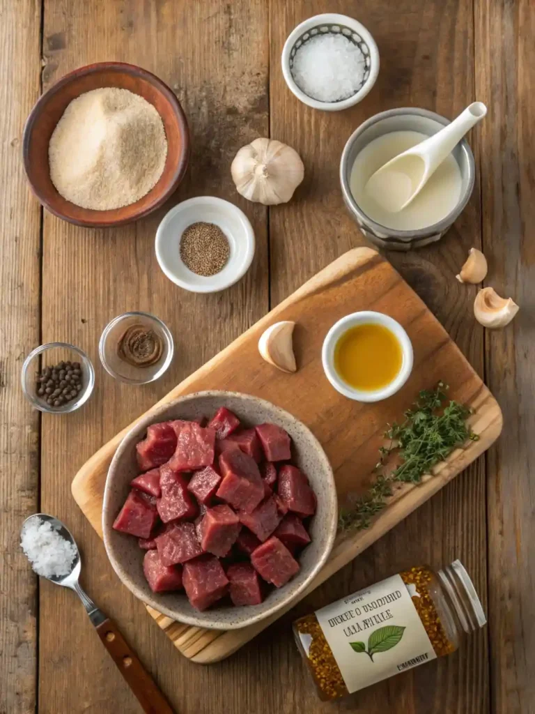 Labeled ingredients for no peek beef tips on a wooden board

