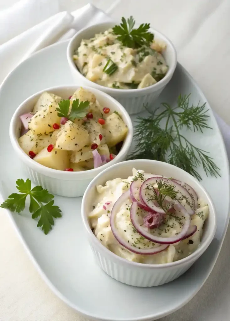 Three variations of Southern potato salad showing different ingredients and tweaks.