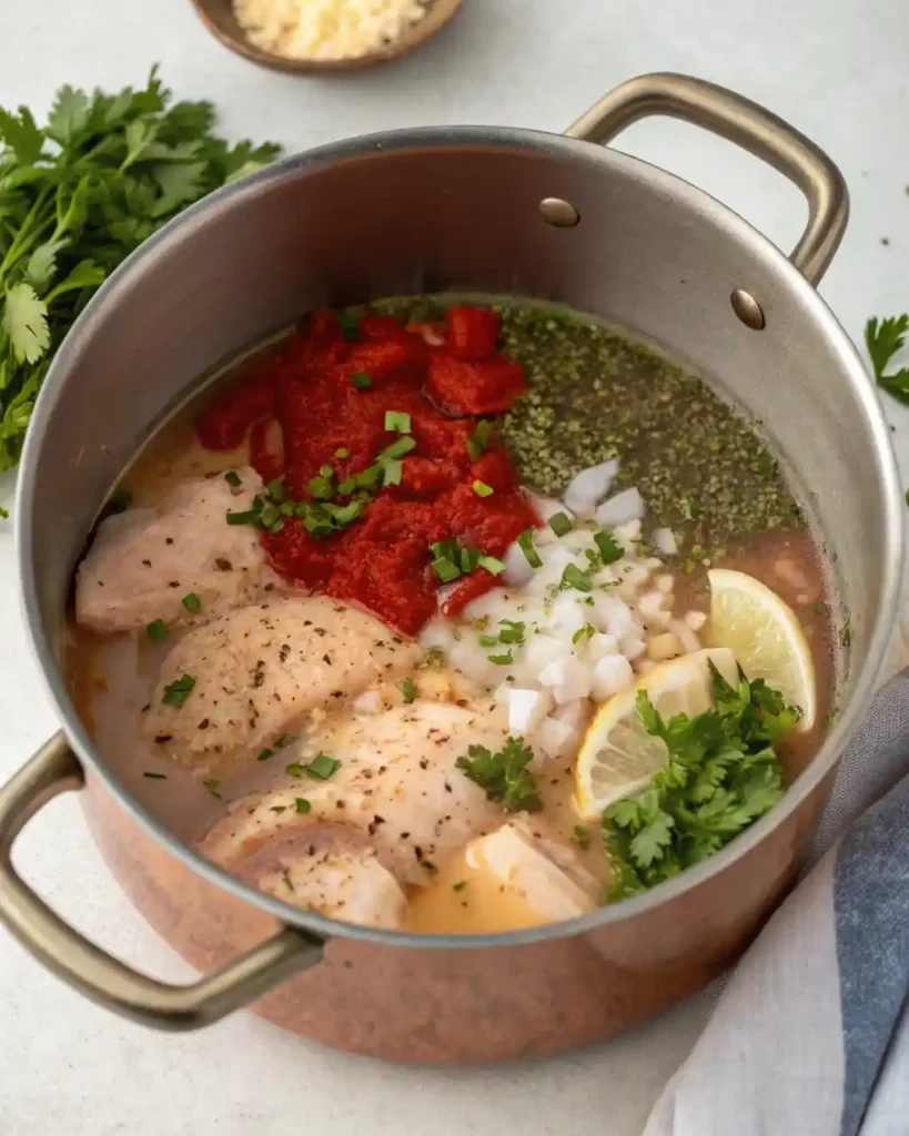 Pouring tomatoes into slow cooker of chicken and aromatics for soup.