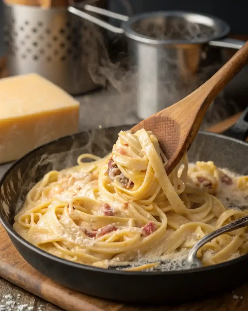 Creamy chicken spaghetti in skillet with cooking tips in background