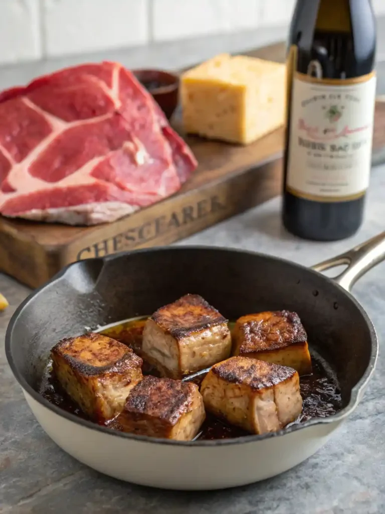 Searing beef cubes and flavor boosters on kitchen counter

