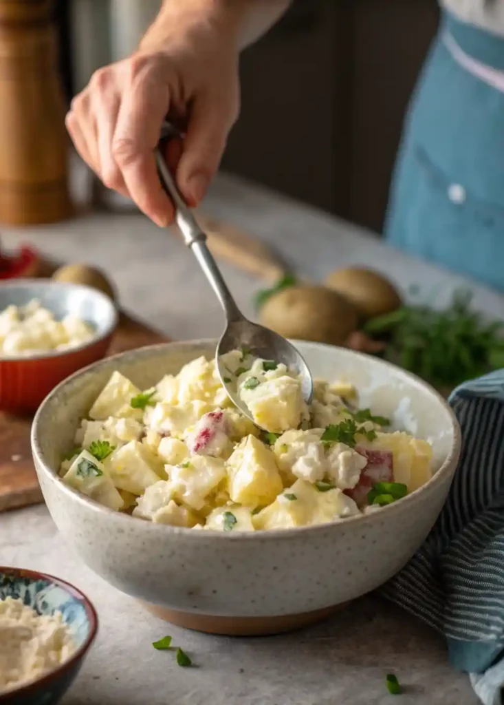 Gently folding chilled potato salad with a spoon and handwritten reminder notes.