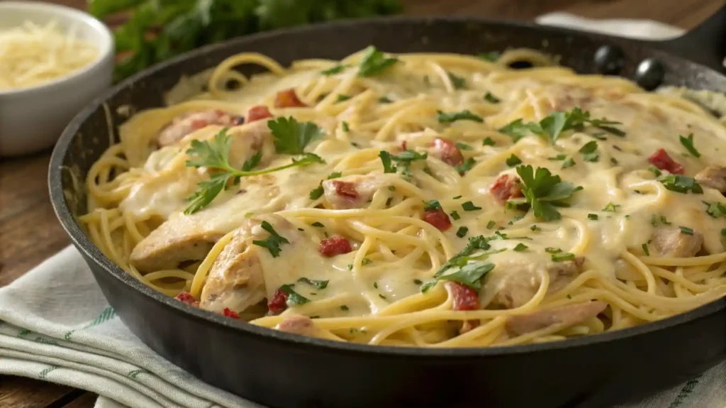 Creamy Monterey Chicken Spaghetti in a skillet, topped with melted cheese and parsley