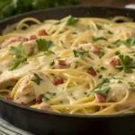 Creamy Monterey Chicken Spaghetti in a skillet, topped with melted cheese and parsley