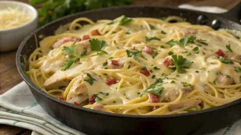 Creamy Monterey Chicken Spaghetti in a skillet, topped with melted cheese and parsley