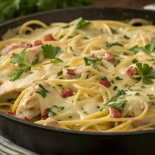 Creamy Monterey Chicken Spaghetti in a skillet, topped with melted cheese and parsley
