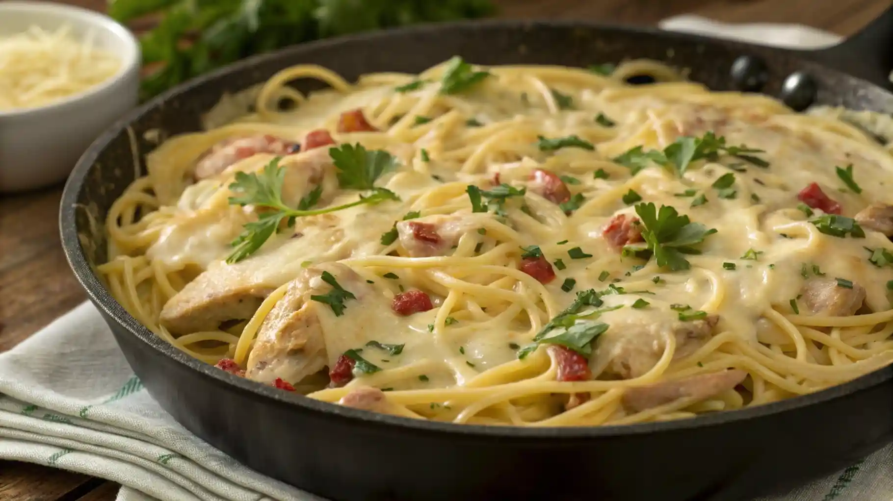 Creamy Monterey Chicken Spaghetti in a skillet, topped with melted cheese and parsley