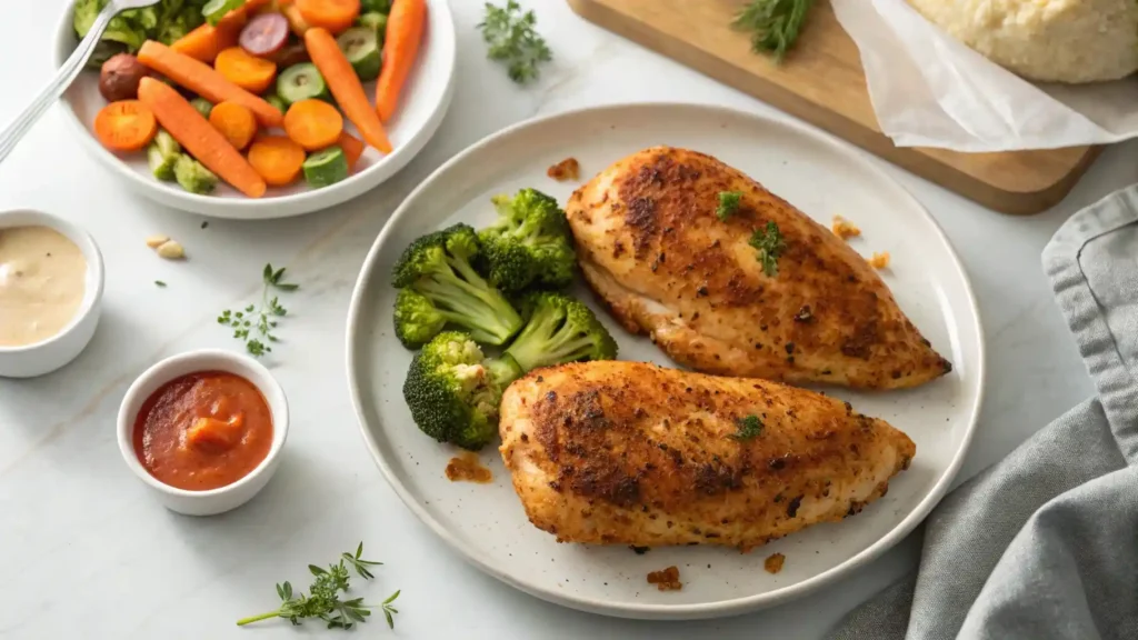 Full meal plate with air fryer chicken and sides