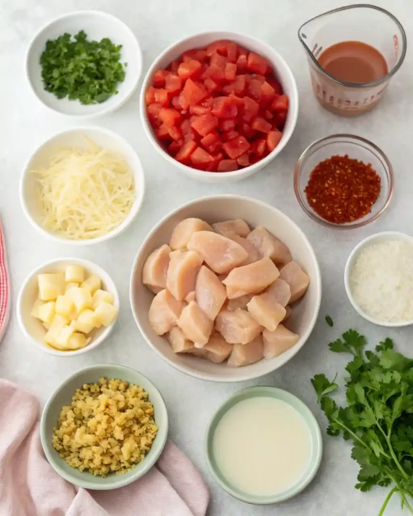 Flat-lay of all ingredients for crock pot creamy chicken parmesan soup.