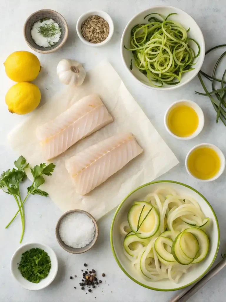 Neatly arranged ingredients for cod with zucchini noodles
