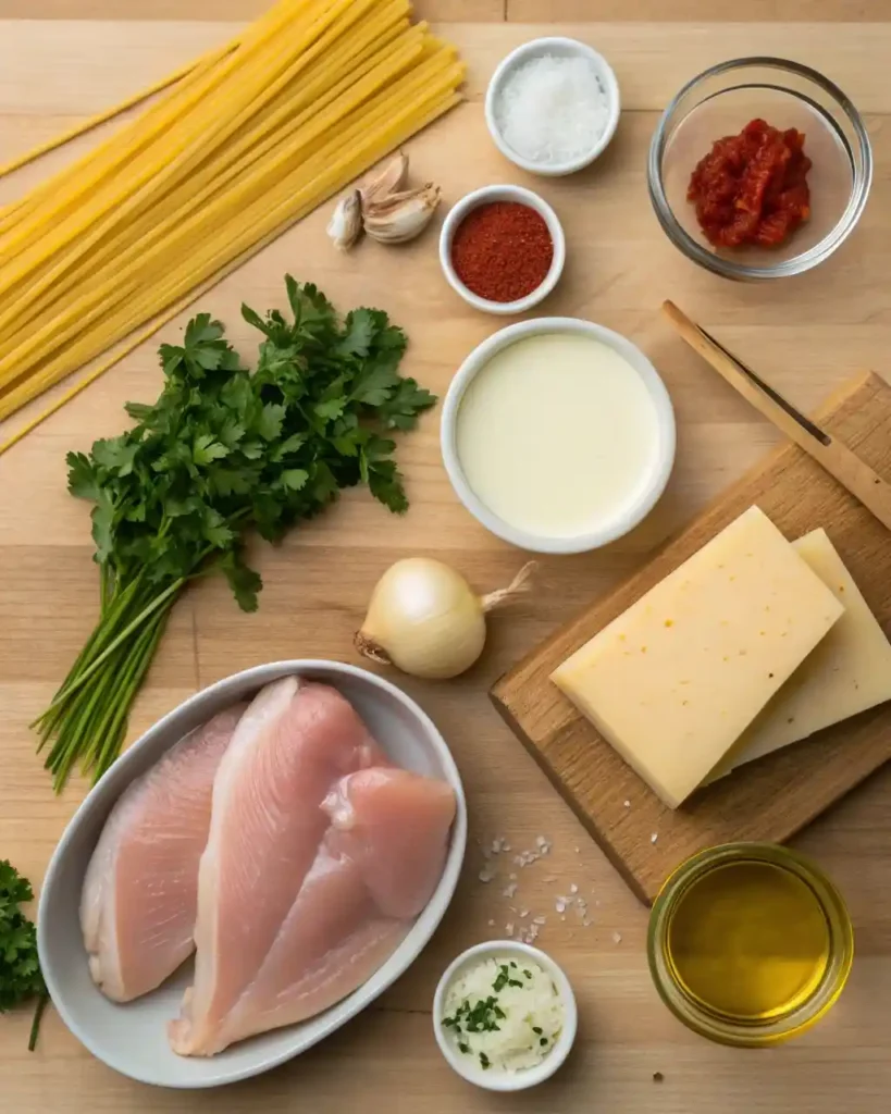 Raw ingredients for Monterey Chicken Spaghetti arranged on a kitchen counter
