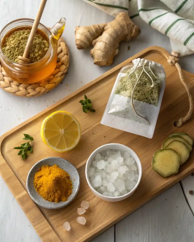 Flat-lay of green tea, chamomile, ginger, turmeric, lemon, honey, ice.