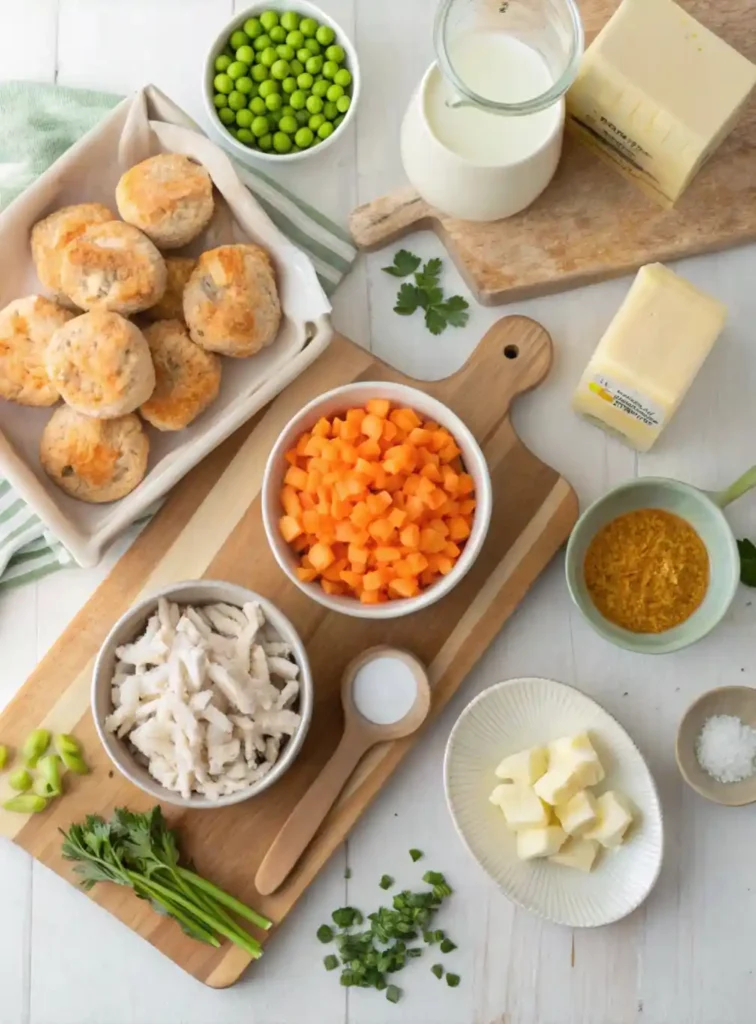 Overhead layout of chicken pot pie ingredients and Cheddar Bay biscuit mix on a wooden board.

