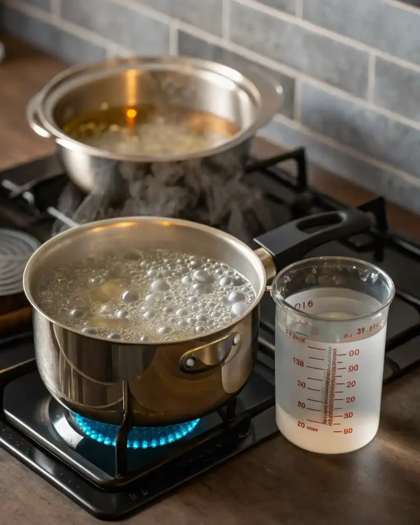 Hot herbal tea being strained over ice into a glass.